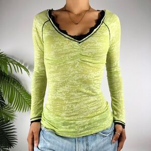 Vintage Y2K Green Indie Fairy Grunge Baddie Fitted Long Sleeve Lace Top / M